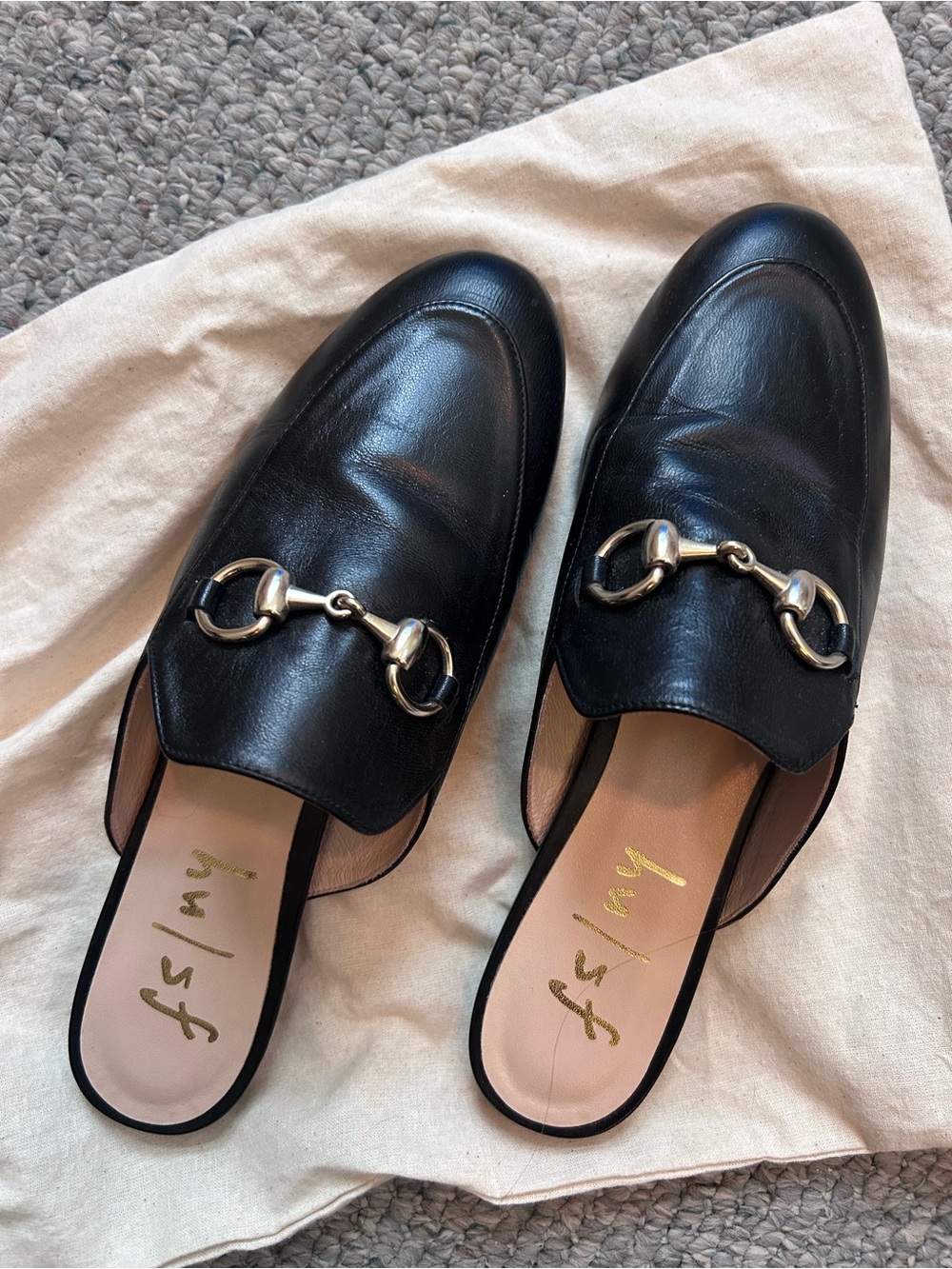 French Sole Black Leather Slip-On Horsebit Loafers